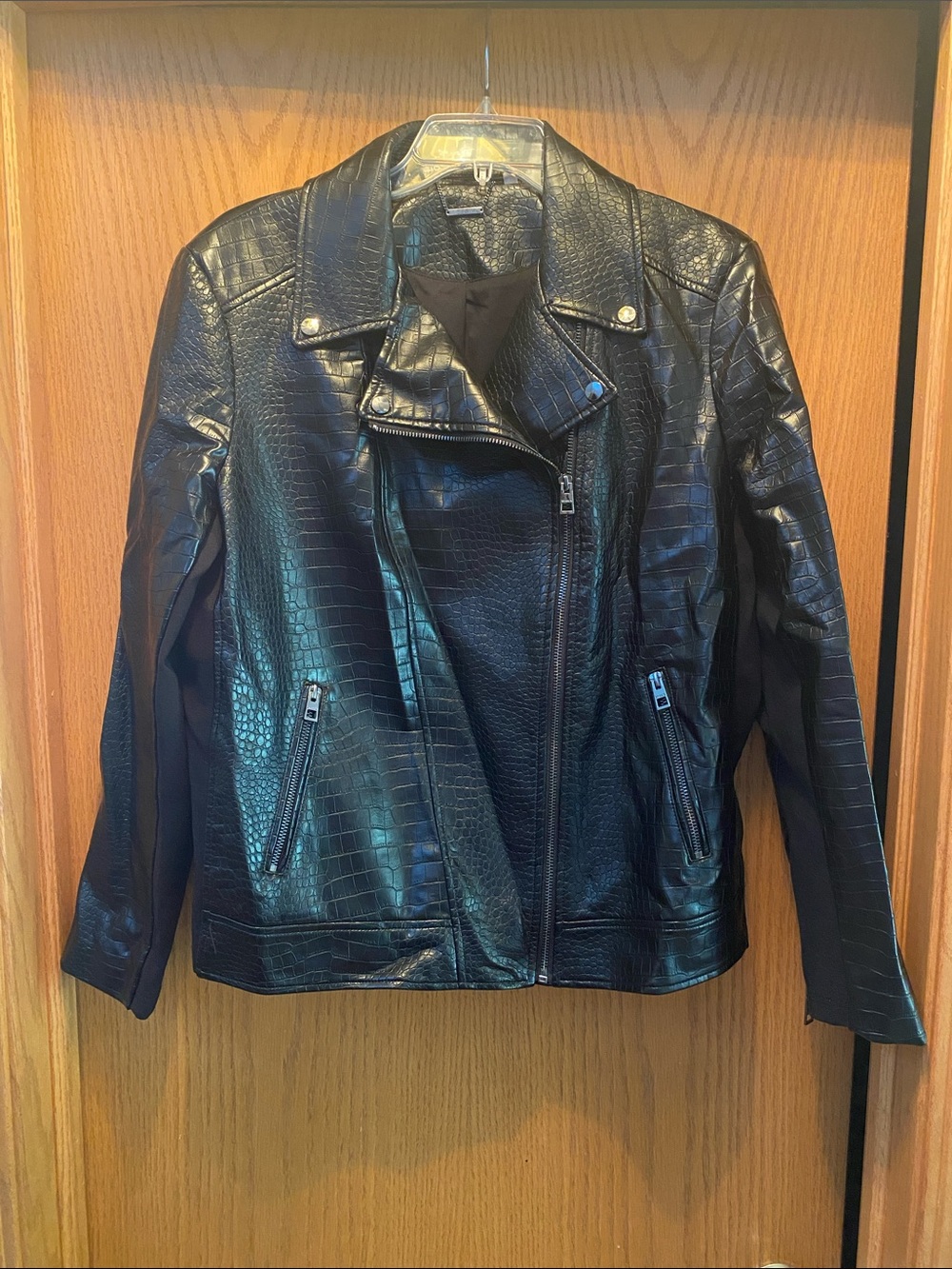 Chico's Black Croc-Embossed Faux Leather Moto Jacket